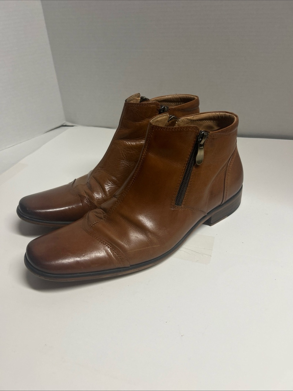 Men's Brown Leather Vero Cudio Ankle Boots Double Zip Almond Toe Size 41 Size 8